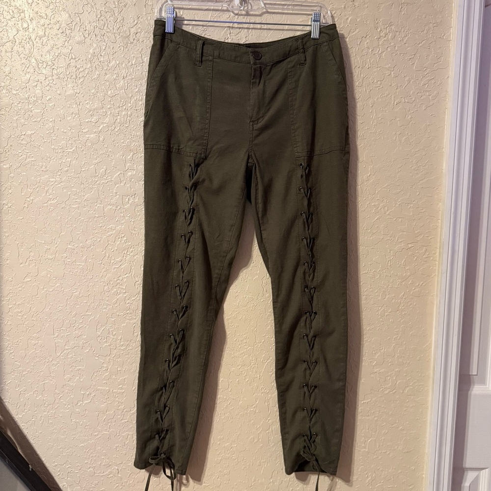 Venus Women’s Olive Lace-Up Pants Linen Blend Size 8